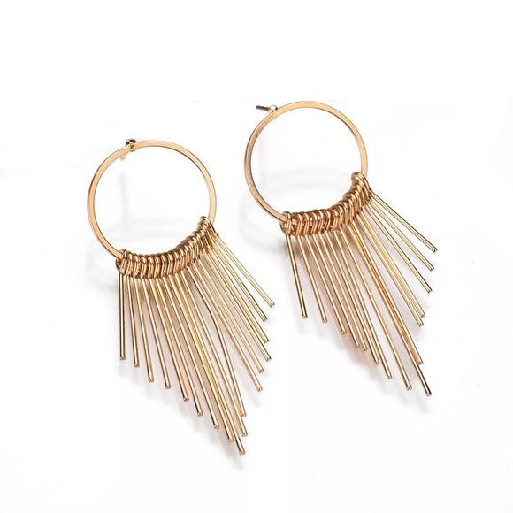 Gold Hoop Earrings Circle Ring Tassel Dangle Drop - Picture 8 of 9